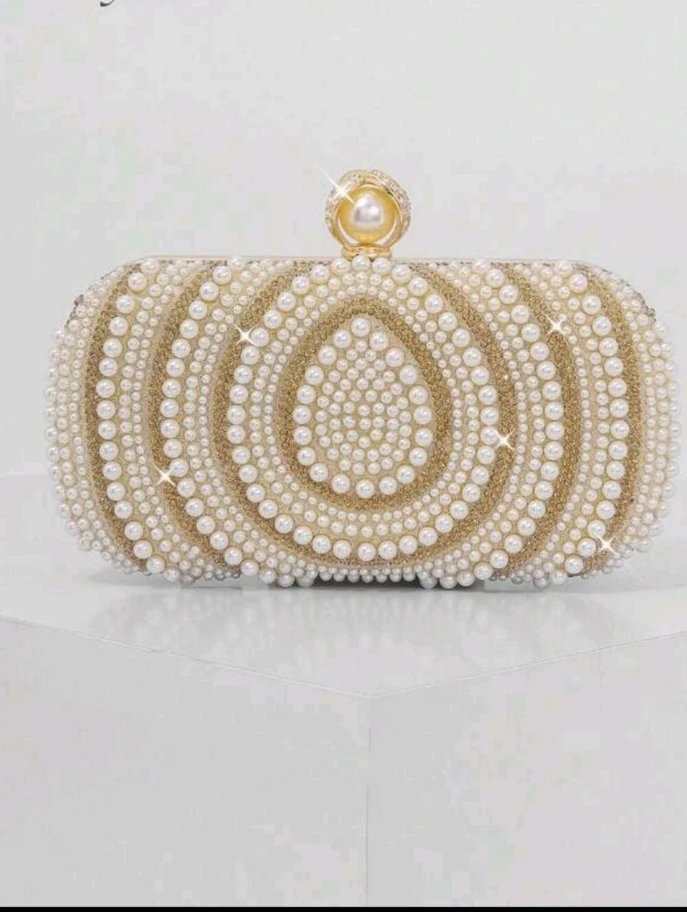 BRAND NEW ** Pearl-Embellished Gold Evening Clutch with Pearl Kiss-Lock